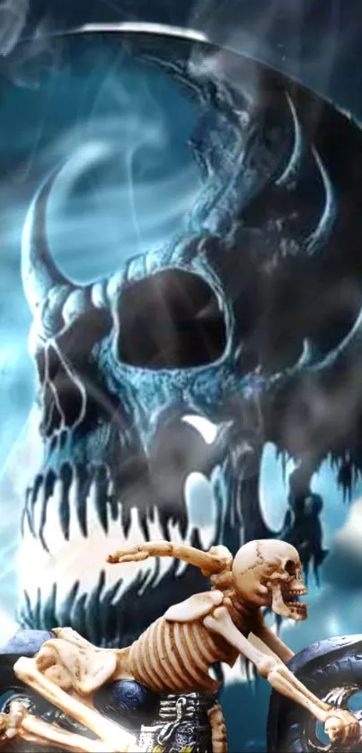 Dark skull with skeleton rider and misty background wallpaper.