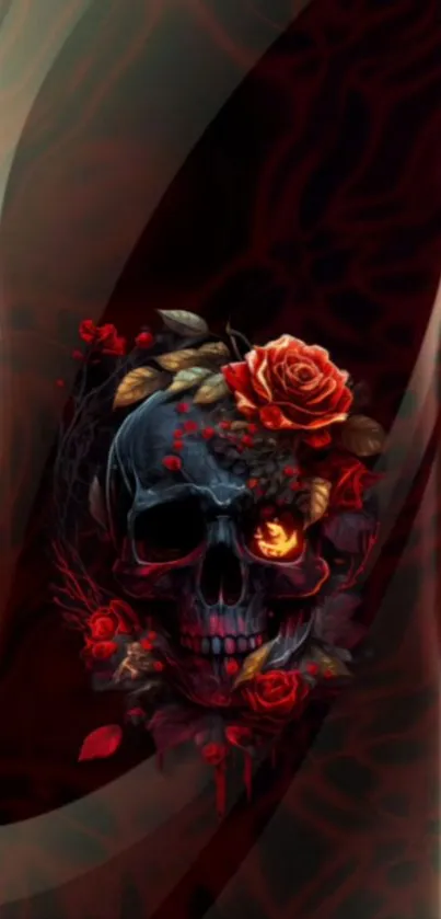 Dark skull with red roses mobile wallpaper.