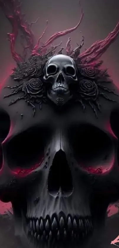 Gothic style black skull with red accents and roses.