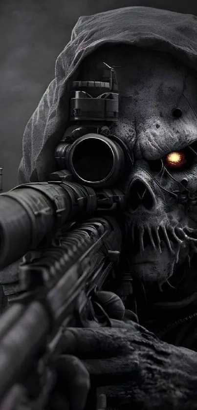 Dark skull sniper with glowing eyes in shadowy wallpaper.