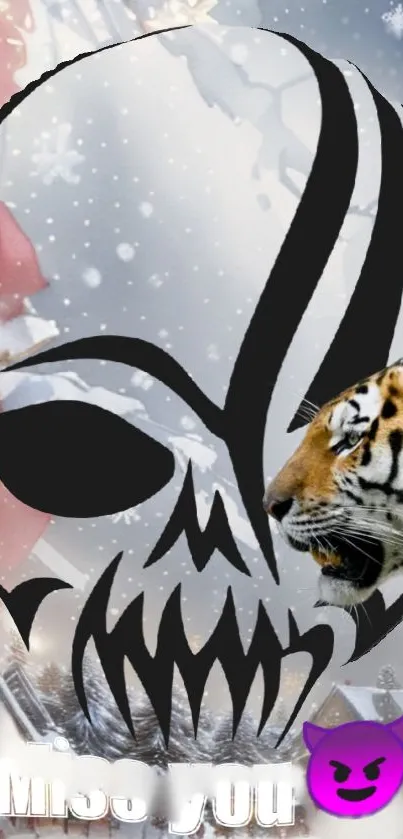 Dark skull and tiger in snowy scene wallpaper