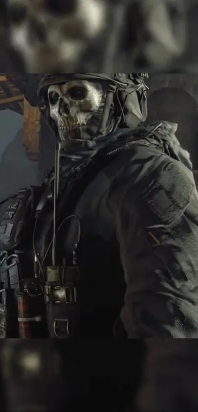 Skull-faced soldier in tactical gear with a dark backdrop.