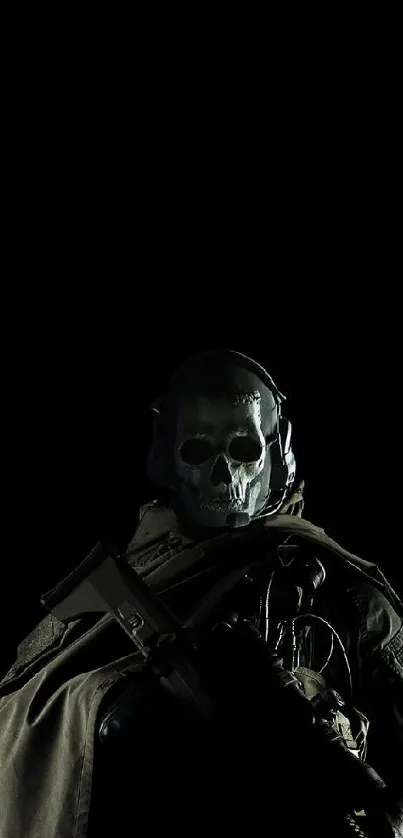 Dark soldier with skull mask on black background.