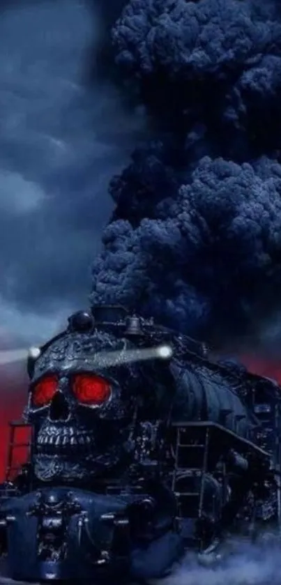 Dark and eerie train with a skull design and red eyes.