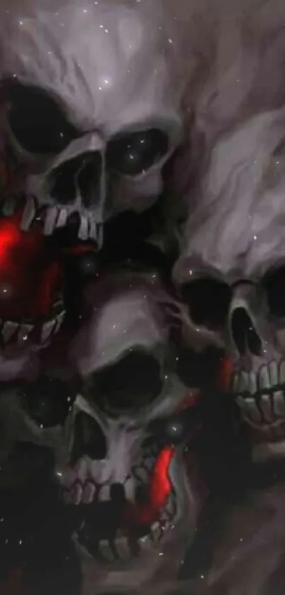 Intriguing dark skull trio with red highlights mobile wallpaper.