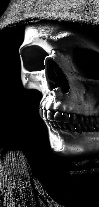 Dark, monochrome skull in black hood.