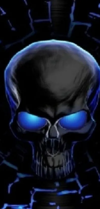 Dark skull wallpaper with glowing blue eyes and edgy design.