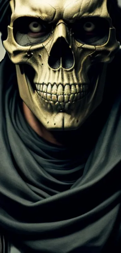 Dark skull warrior with shrouded face in dramatic art style.