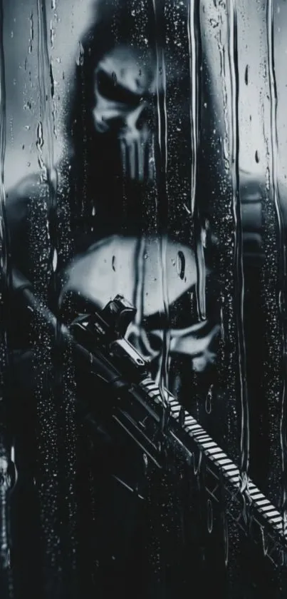 Dark skull warrior behind raindrop-covered glass.