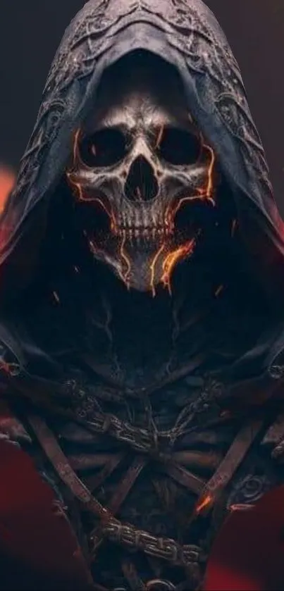 Dark hooded skull warrior with fiery accents in a mobile wallpaper.