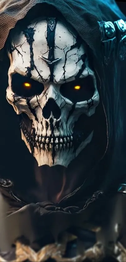 Dark skull with glowing eyes in armor