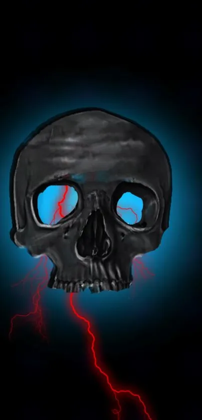 Dark skull with blue aura and red lightning on black background.