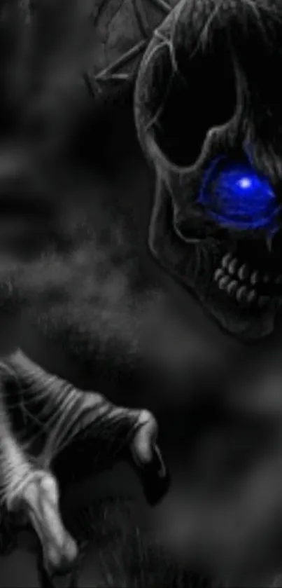 Dark skull with glowing blue eyes on misty background.