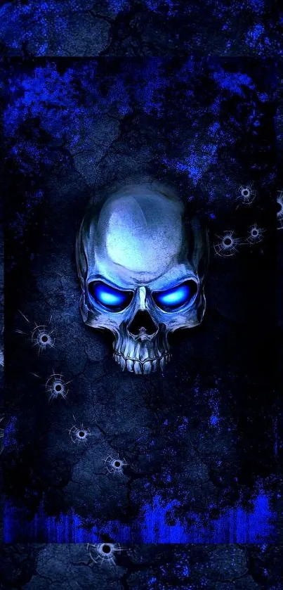 Dark skull with glowing blue eyes and gothic background.