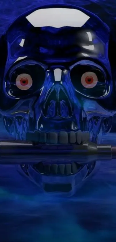 Metallic skull with a bullet in its mouth on a blue background.