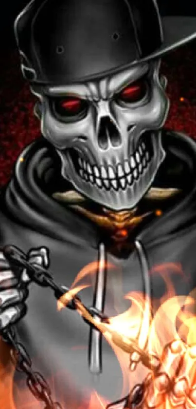 Edgy skull with red eyes and chains on a dark background.