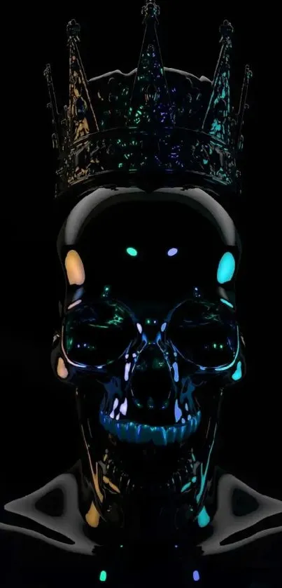 Dark skull with intricate crown on black background wallpaper.