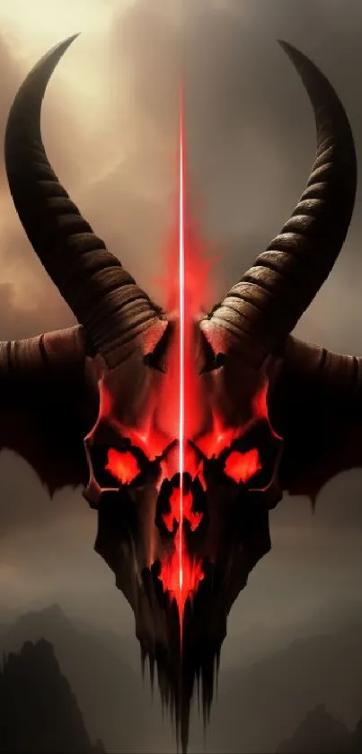 Dark skull with red accents and horns in a cloudy sky background.