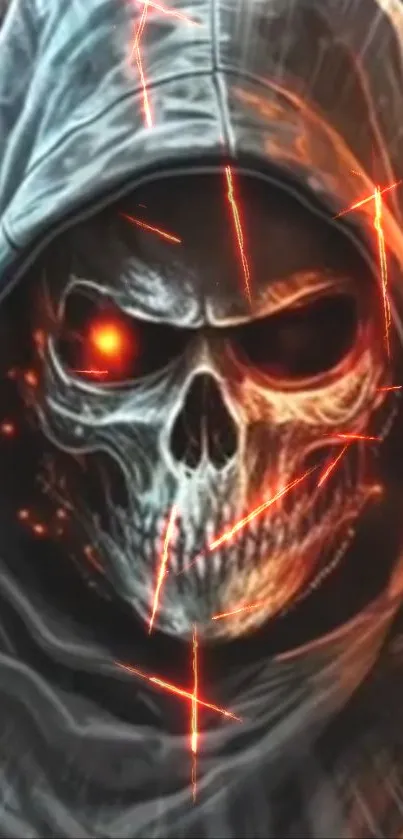 Hooded skull with fiery glowing eyes and dark theme.