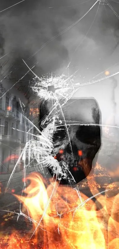 Mobile wallpaper with skull, flames, and cracked glass design.