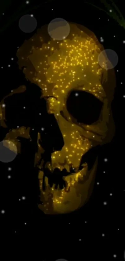 Dark skull with golden glow and starry accents.