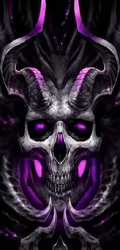 Dark skull with purple accents and horns in gothic style.