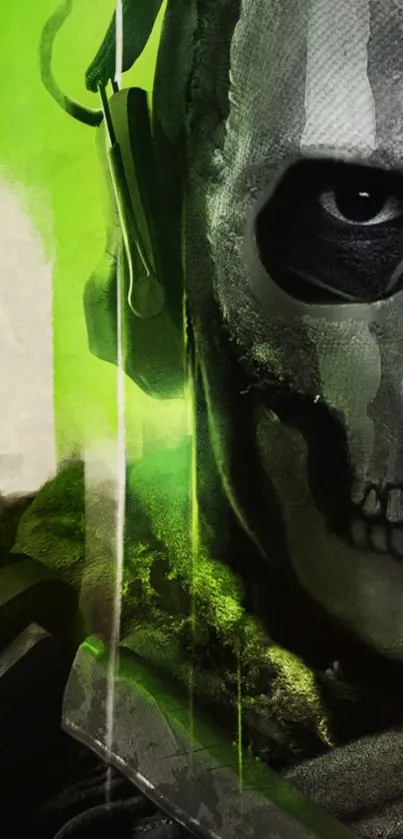 Dark skull with neon green accents wallpaper for phone.