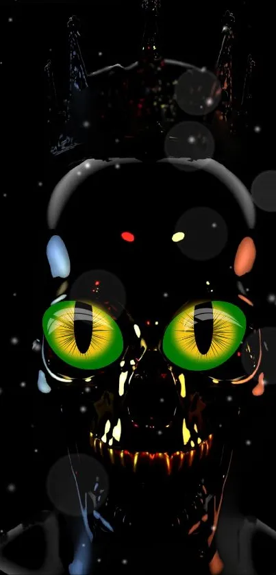 Dark skull with vibrant neon eyes in black background wallpaper.