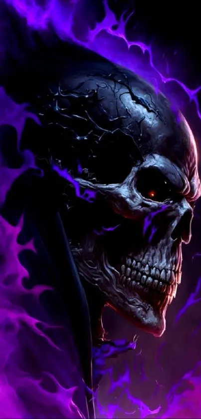 A dark skull with purple flames, perfect for gothic-themed mobile wallpaper.