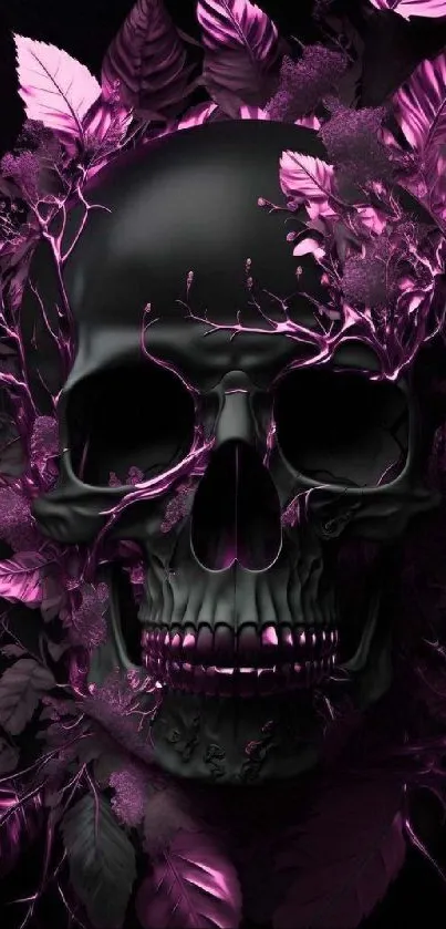 Dark skull adorned with vivid purple leaves.