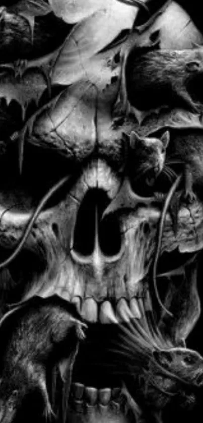 Intricate skull with rats artwork on a dark background.