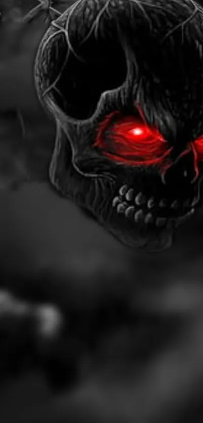 Dark skull with glowing red eyes on a black background.