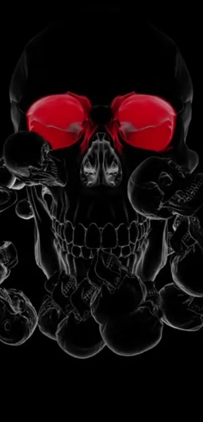 Dark skull with glowing red eyes on black background.