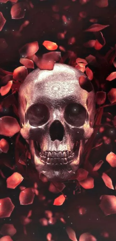 Skull with dark red petals mobile wallpaper.