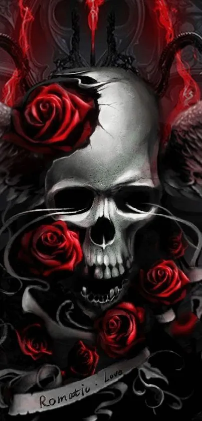 Dark gothic skull with red roses and wings.