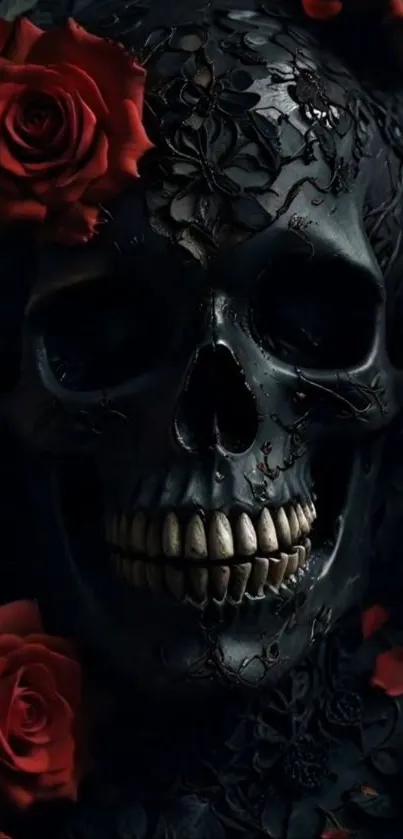 Dark skull with vibrant red roses wallpaper.