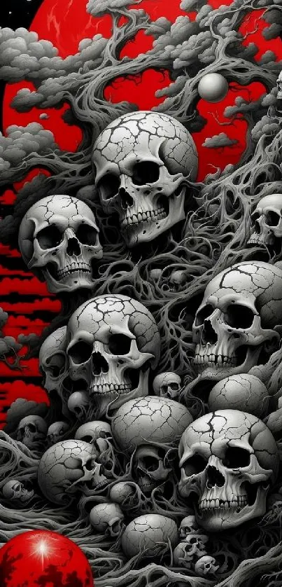 Haunting surreal skulls with dark red elements in art design.