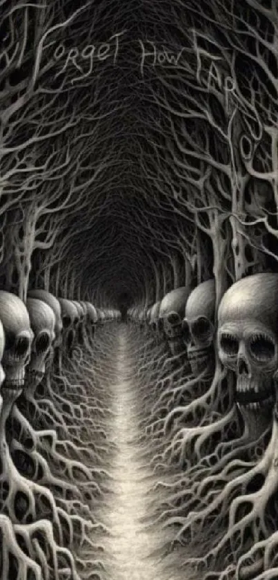 Dark forest path lined with skulls.