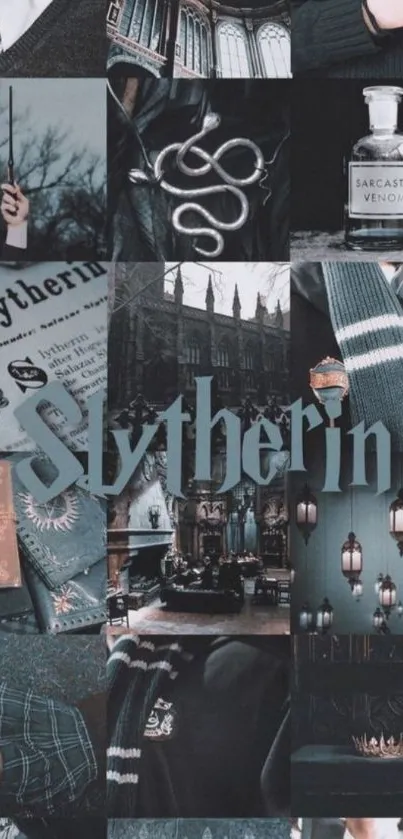 Dark Slytherin aesthetic collage wallpaper with gothic elements.