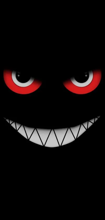 Dark wallpaper with a grinning face, red eyes, and sharp teeth.