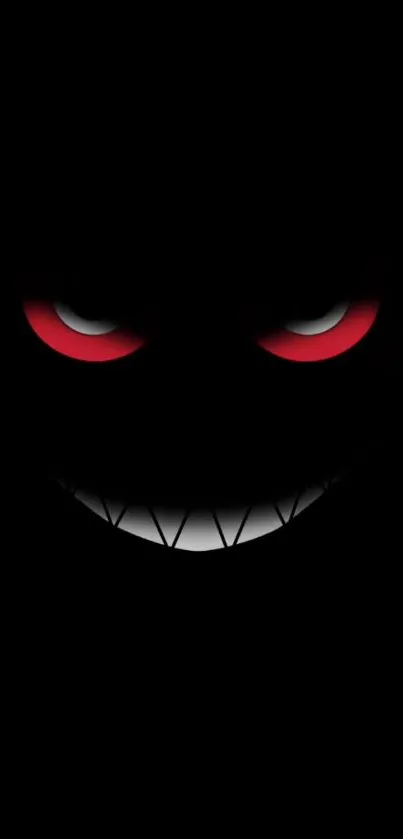 Dark wallpaper with a smiling face and glowing red eyes.