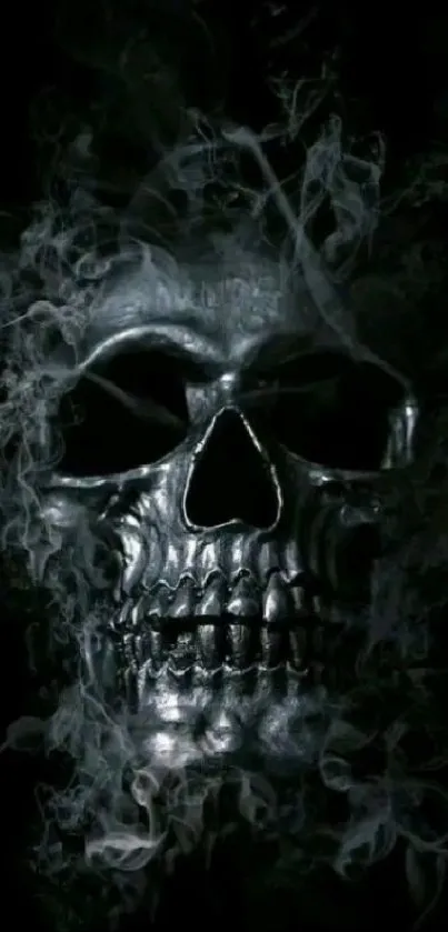 Dark skull with swirling smoke on a black background wallpaper.