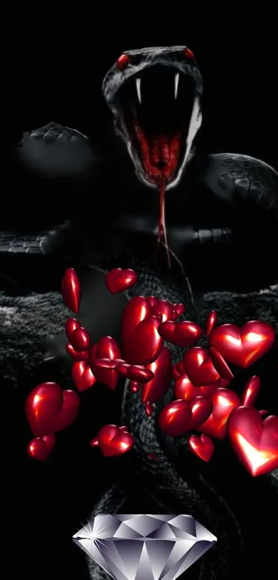 Dark snake with red hearts and diamond.
