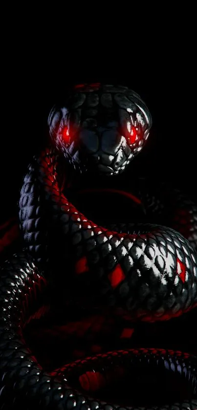 Dark glossy snake with red eyes on a black background wallpaper.