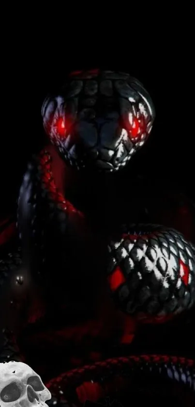 Dark snake with red eyes and skull in black background.