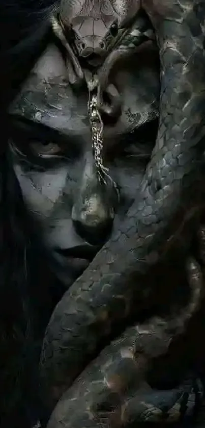 Dark snake wrapped around woman's face in a mystical gothic design.