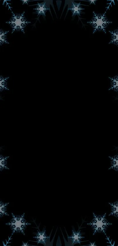 Dark wallpaper with snowflake patterns on a black background.