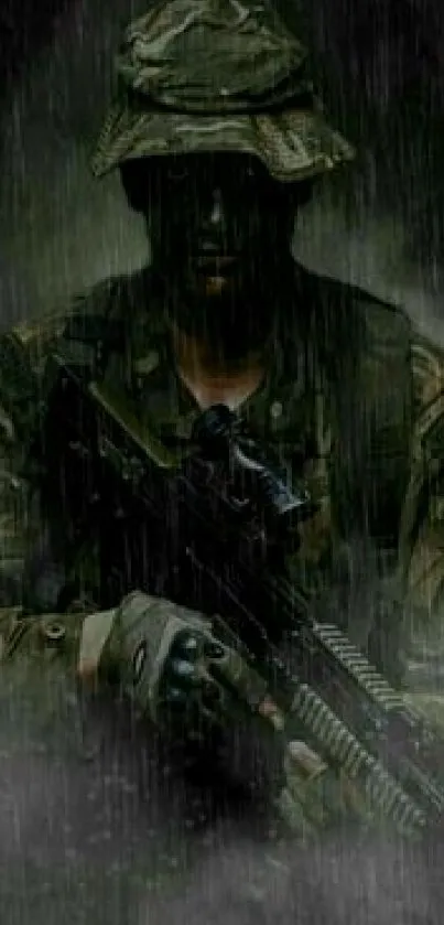 Dark figure of a soldier holding a rifle in the rain.