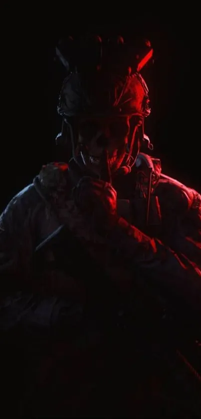 Dark soldier with skull in red light, intense wallpaper.