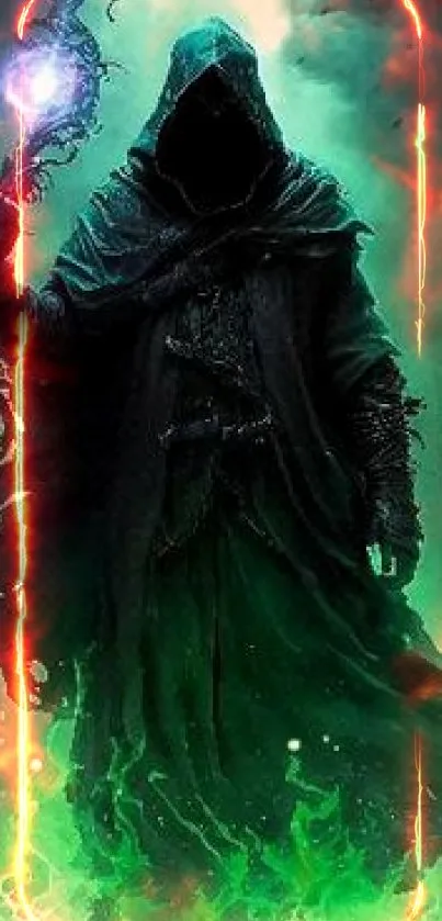 Dark hooded sorcerer with glowing green magic staff.